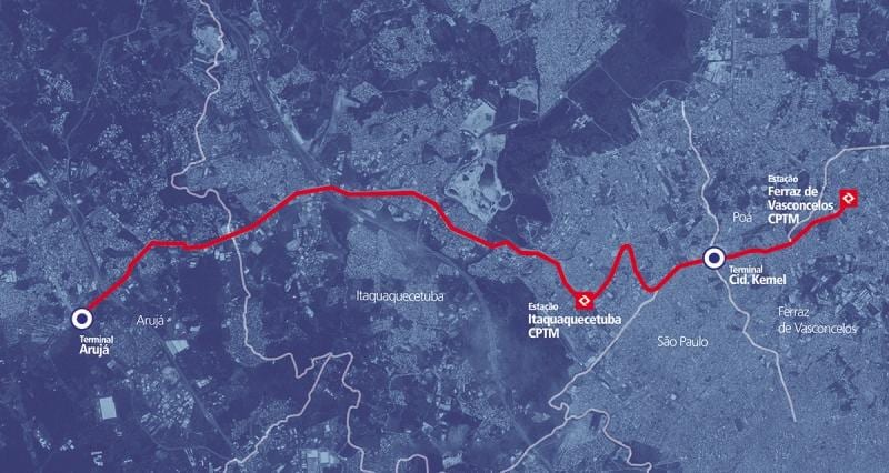 Mapa ng corredor BRT metropolitano Perimetral Alto Tietê